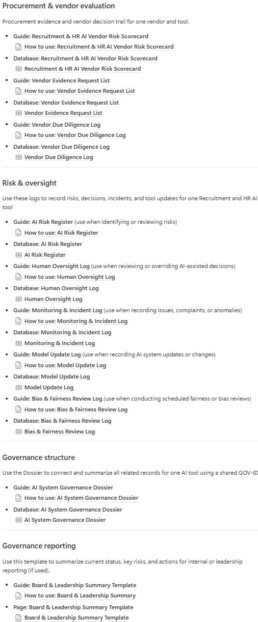 AI Governance Toolkit — Overview Linked records from vendor review → risk register → oversight → incidents → dossier.