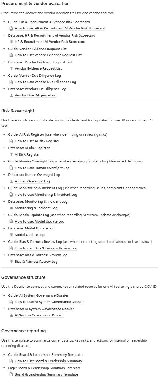 AI Governance Toolkit — Overview Linked records from vendor review → risk register → oversight → incidents → dossier.